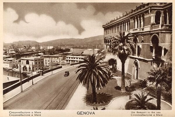 Genoa, Italy - Promenade and view toward the sea port