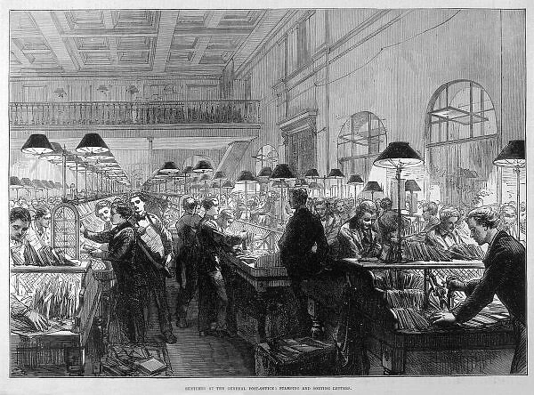 Gpo Sorting, 1875. The General Post Office, London : stamping and sorting letters