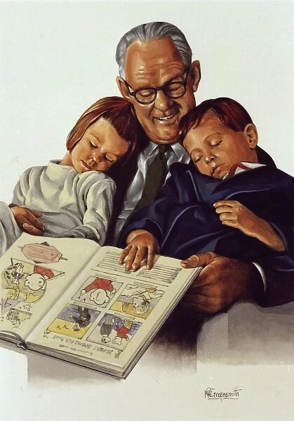 Grandfather reads to grandchildren