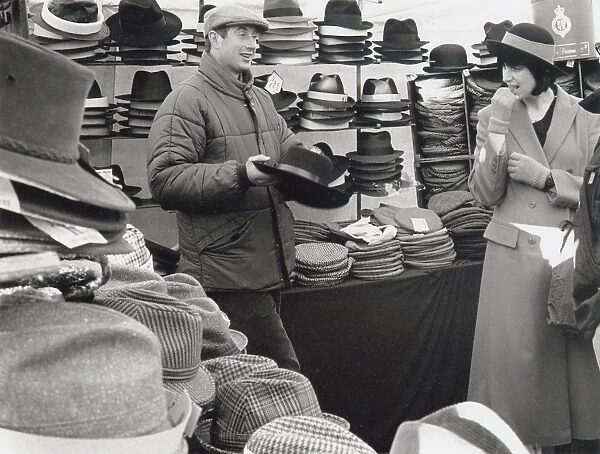Hat seller at a market, Suffolk, England