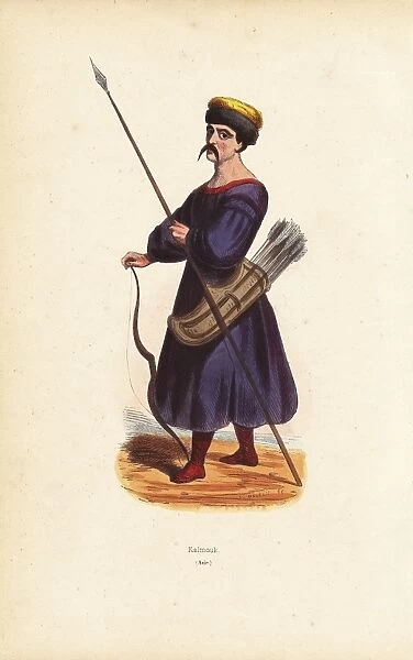 Kalmyk man with spear, bow, and quiver of arrows
