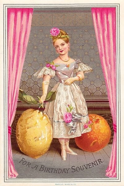 Lady with giant lemon and orange on a birthday card
