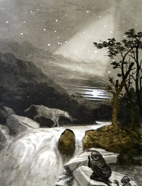 Landscape with stream, stars and hunters