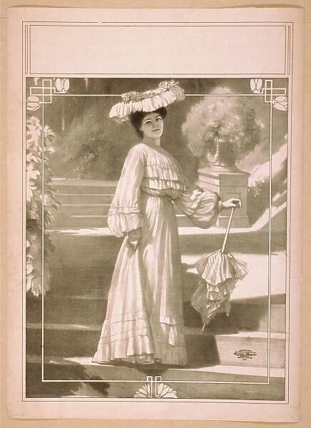 Full length image of woman, standing on steps, wearing hat a