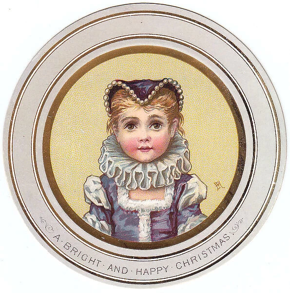 Little girl in Elizabethan dress on circular Christmas card