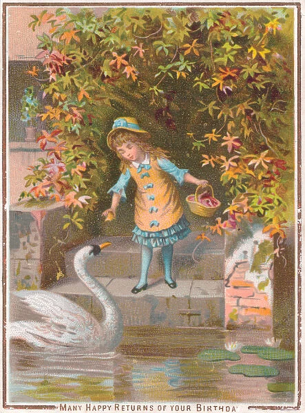 Little girl with swan on a birthday card