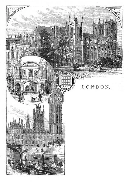 London landmarks. Montage of London landmarks, 1870