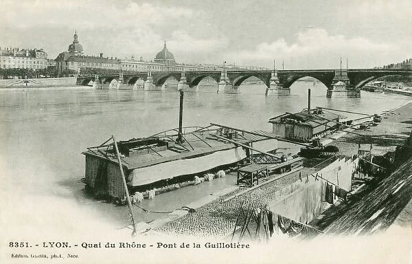 Lyon, France - Quay on the Rhone and the Guillotiere Bridge