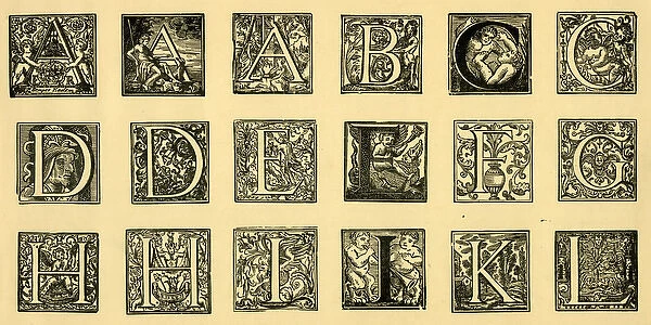 Medieval alphabet, ornate initials A-L