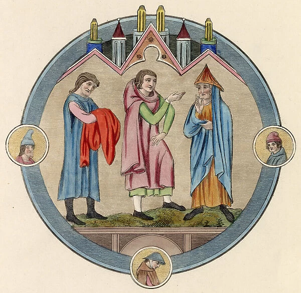 Three men, one in an ankle=length gown, the others in shorter garments Date