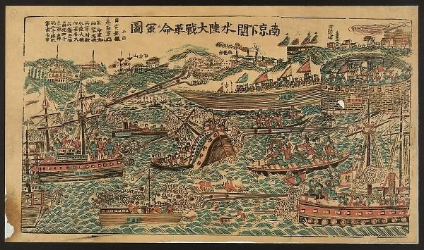 Naval battle scene - ships and small boats engaged in battle
