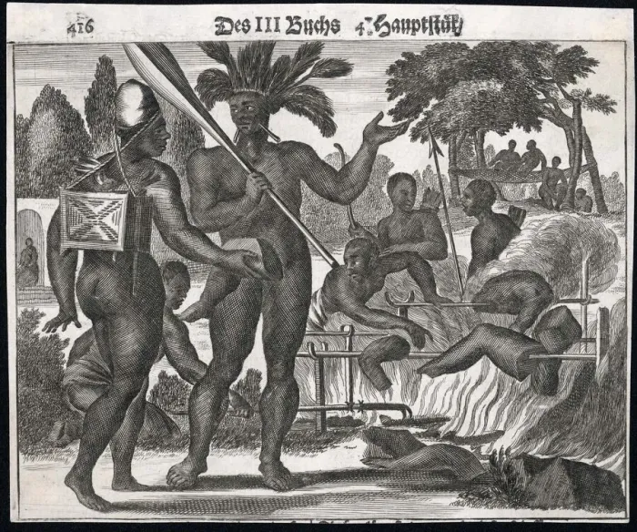Framed Print : Brazilian Cannibals Roasting Victims on a Spit, 1530 Print Framed Print : Brazilian Cannibals Roasting Victims on a Spit, 1530 Print