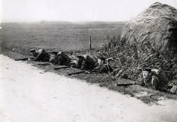 Framed Print : WWI: British Royal Marines by roadside near Ostend Print Framed Print : WWI: British Royal Marines by roadside near Ostend Print