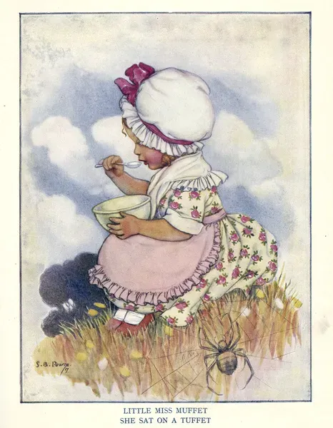 Framed Print of Little Miss Muffet Print, circa 1920s. Framed