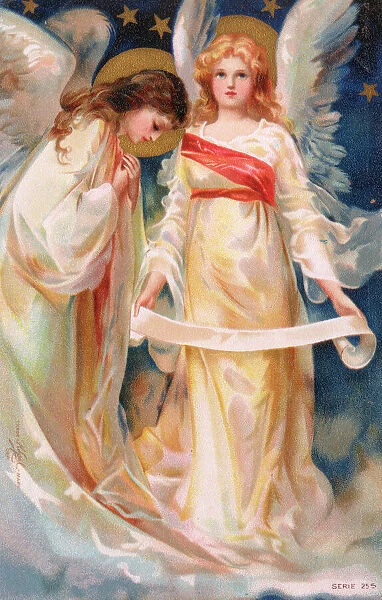 A pair of Angels. A very beautiful chromolithographic postcard depicting a pair of angels