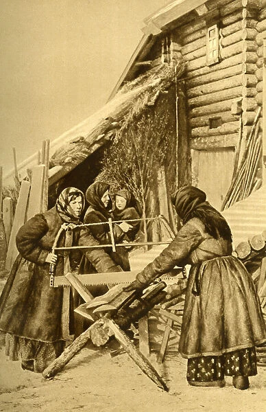 Peasant women sawing wood, Republic of Estonia
