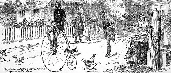 Policeman chasing a Penny Farthing Cyclist, 1880