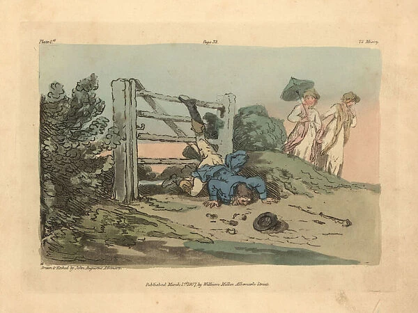 Regency gentleman falling over a gate while two women watch
