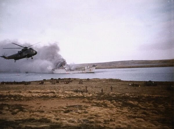 RFA Sir Galahad on fire after being bombed at Fitzroy