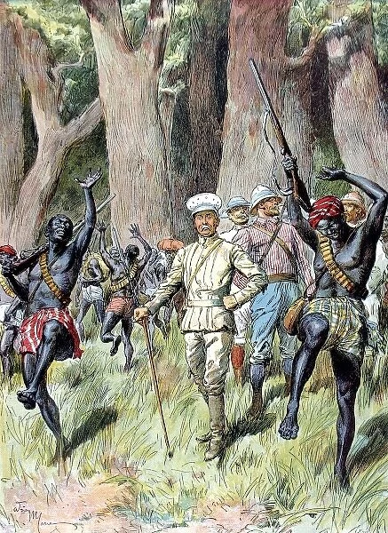 Sir Henry Morton Stanley and his men exit a forest, Central