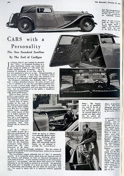 Standard Swallow car, advertorial by the Earl of Cardigan. Captioned, Cars with a Personality: The New Standard Swallow'. Showing interior and exterior of the car, the engine, and storage