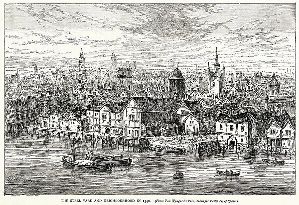 The Steel yard and neighbourhood, located on the north bank of the River Thames by the outflow of the Walbrook, in the Dowgate ward of the City of London