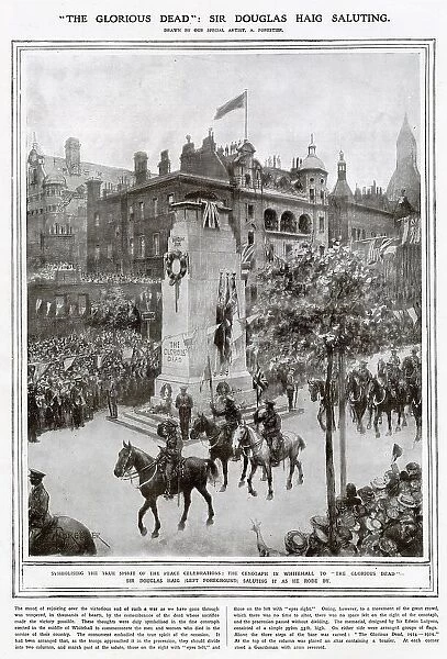 Symbolising the true spirit of the peace celebrations, the Cenotaph in Whitehall to 'The glorious dead' Sir Douglas Haig (left foreground) saluting as he rode by. Date: 19 July 1919