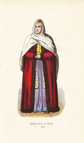 Tatar woman from Tomsk, Siberia, in headress and cape