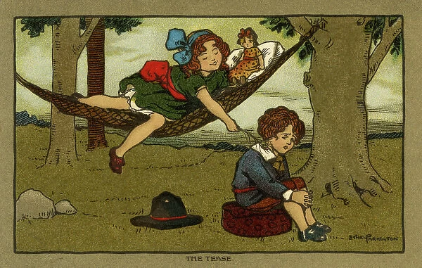 The tease. Girl in a hammock with her doll leans over to tickle her boy