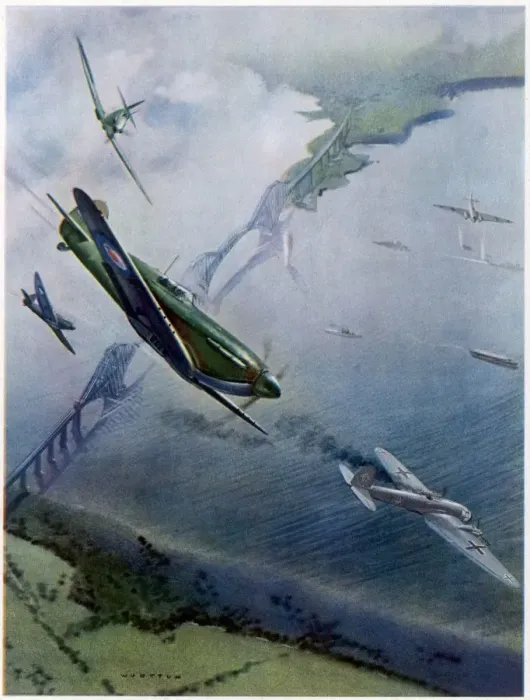 Framed Print : Print of Spitfires over the Forth Bridge intercepting German Heinkel IIIs Framed Print : Print of Spitfires over the Forth Bridge intercepting German Heinkel IIIs