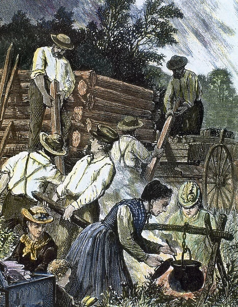 USA. Settlers building their homes in the West (1874)
