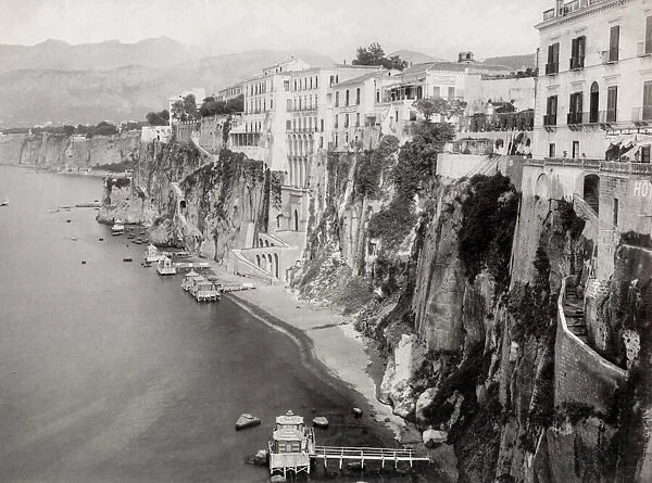 View of hotels along the cliffs at Sorrento, Italy