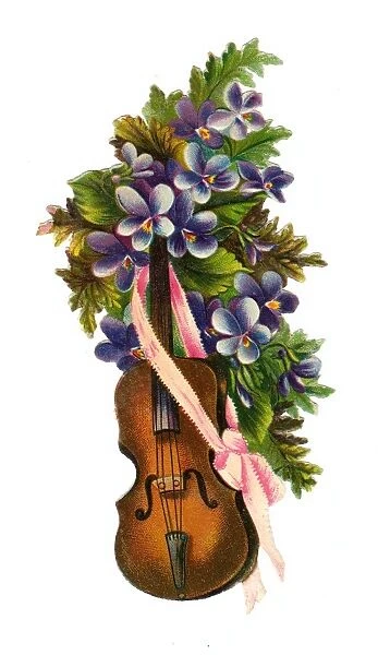 Violin with purple flowers on a Victorian scrap