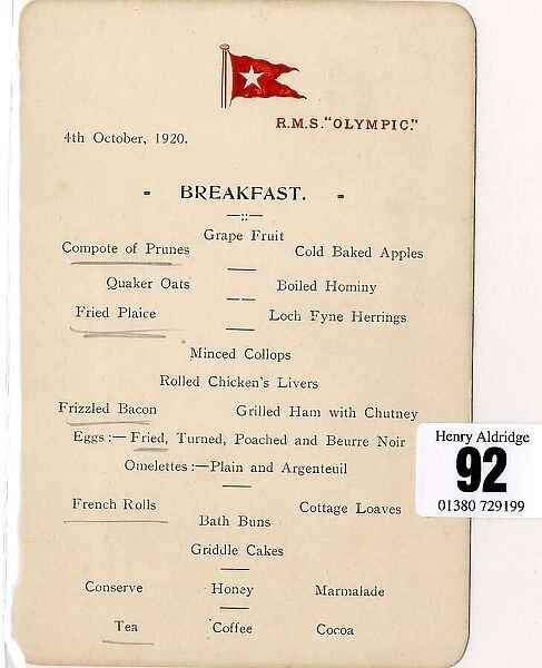 White Star Line, RMS Olympic - breakfast menu