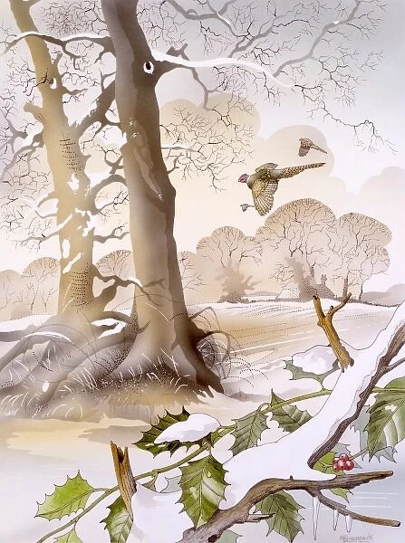 Winter scene with holly and birds