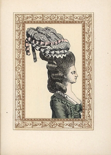 Woman in bonnet with bells and ribbons, Bonnet