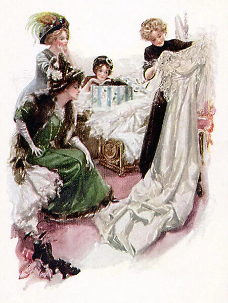 Woman looks at wedding dress with girl friends Date: 1908