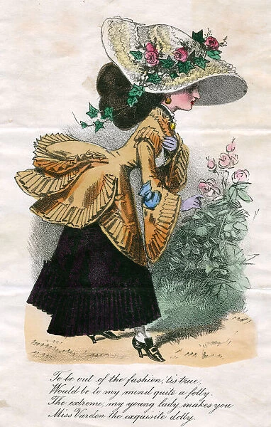 Woman in an oversized hat on a comic greetings card