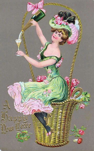 Woman pouring champagne on a New Year postcard