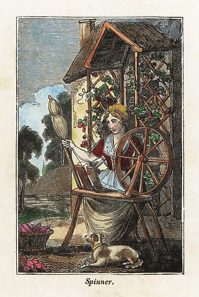 Woman spinning yarn on a spinning wheel in