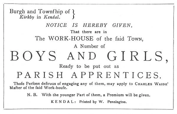 Workhouse Apprentices Handbill, Kendal, Westmorland