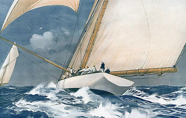 Yachting at Cowes. In the foaming wake of a racing cutter Date: 1914