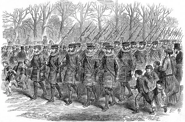 Yeomen of the Guard marching through London, 1869