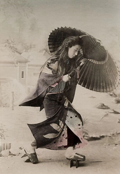 Young Japanese woman, with umbrella and hair down