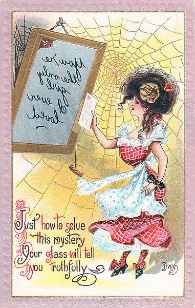 Young woman with mirror on a novelty postcard