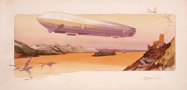 Zeppelin hovering over a river