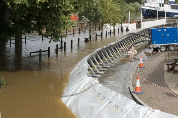 Flood barriers alongside flooded River Severn in spate June 27 2007 - Upton upon Severn Worcs UK