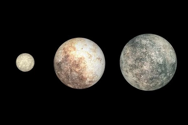 Dwarf planets. Three dwarf planets in a row showing their comparative sizes