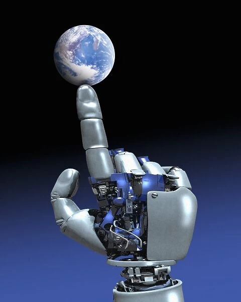 Earth spinning on robotic finger, artwork