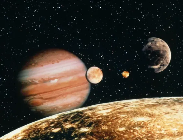 Jupiter and its Galilean Moons: A Voyager Spacecraft Art